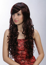 Lady's long burgundy curly synthetic hair wig wholesale  584A